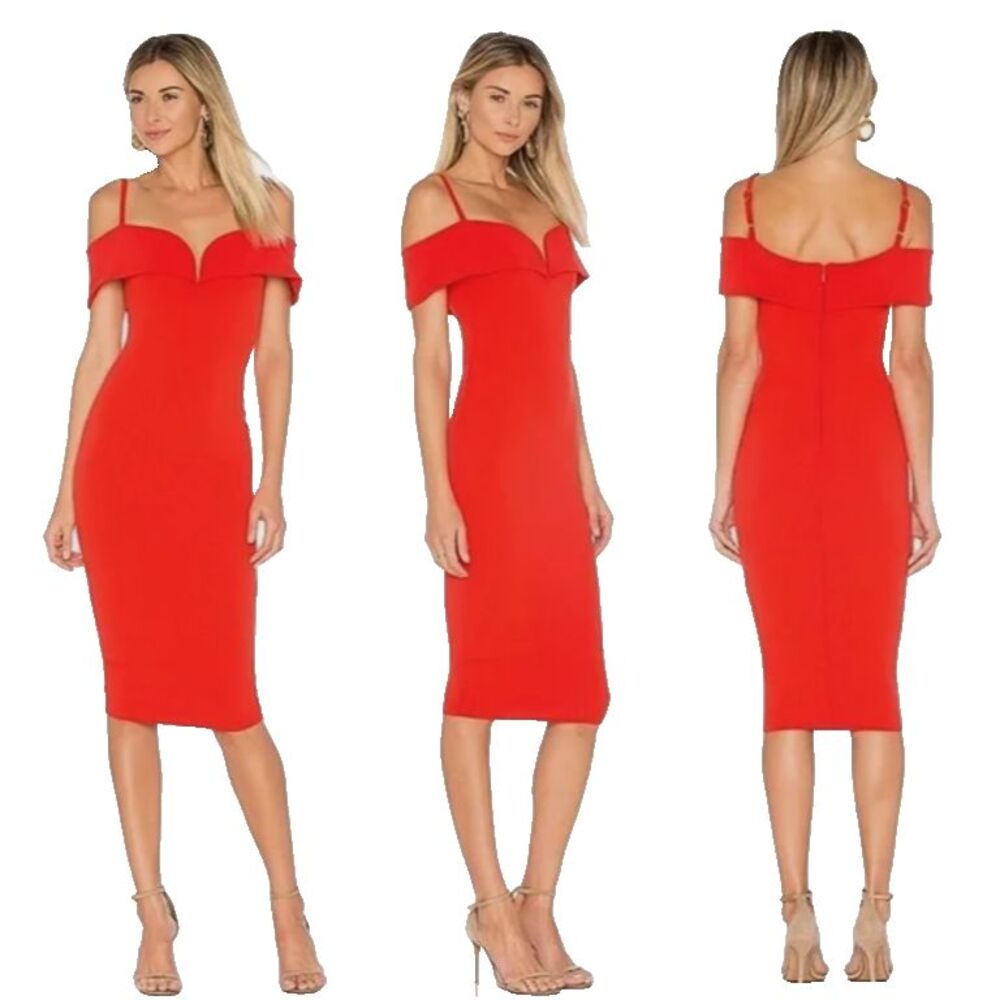 Nookie Pretty Woman Midi Dress Cherry Red S Bodycon Off Shoulder Cocktail